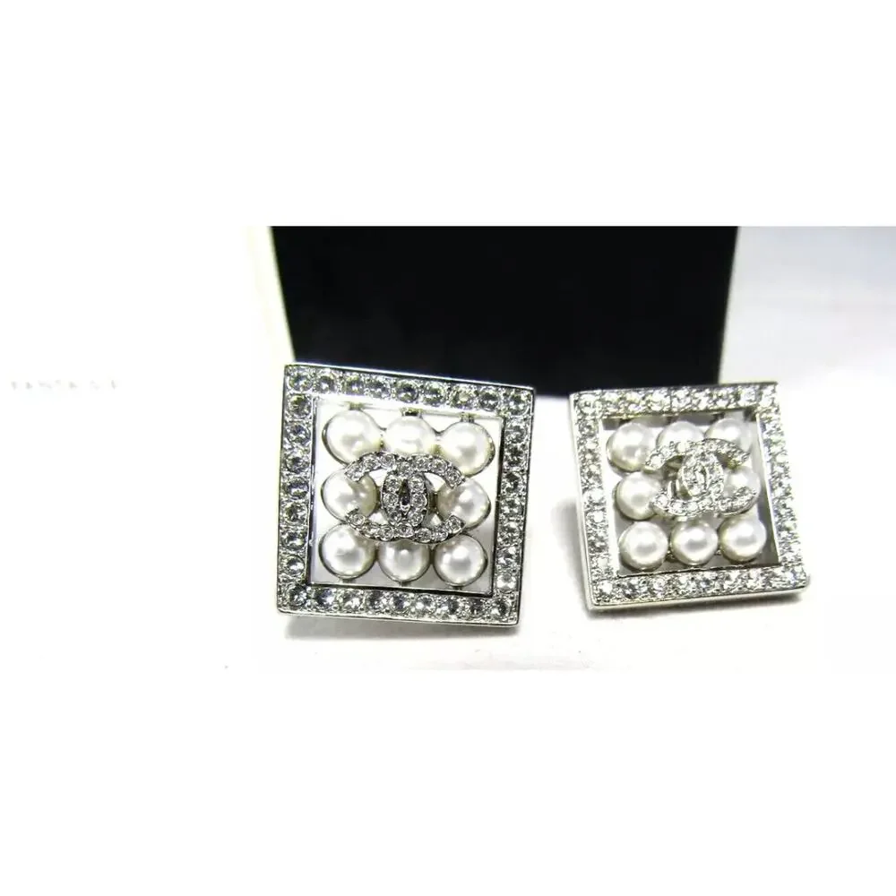 CHANEL 24P Crystal Glass Pearl CC Logo Silver Square Stud Earrings